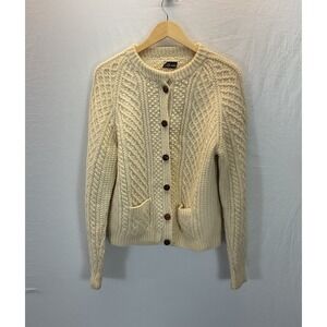 VTG Chunky Irish Fisherman Knit Wool Cardigan Women's SM/ MD Ivory‎ button front